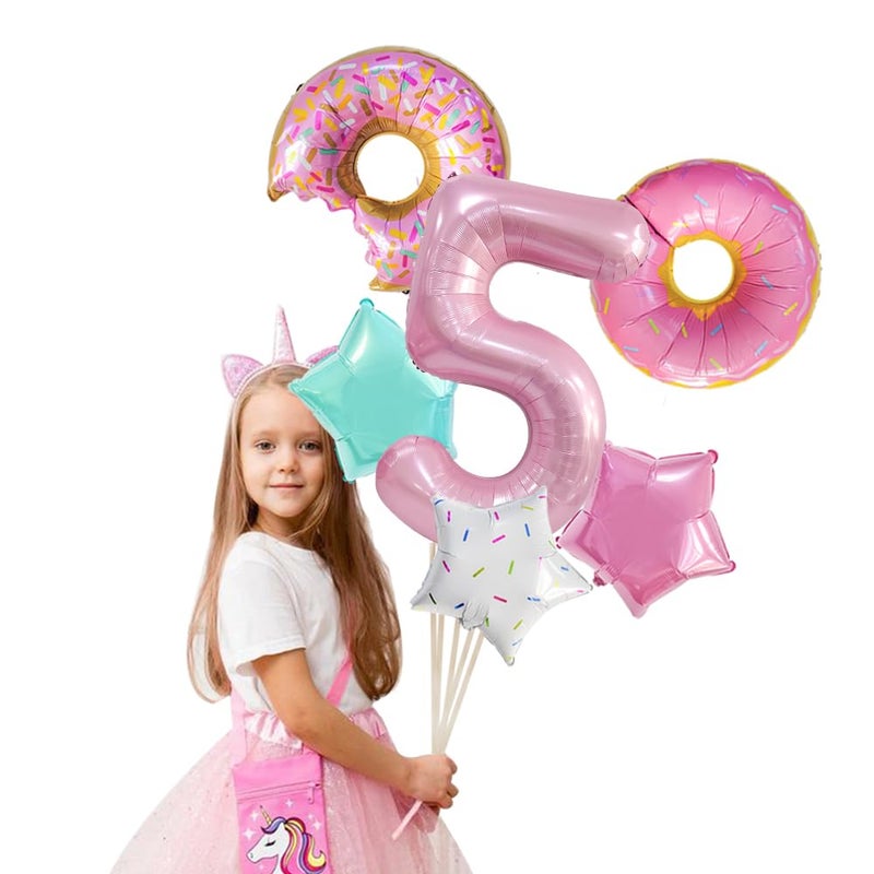 Dokuna Donut Birthday Decorations  6 PC Balloons 5th Birthday for Girls  Giant Number 5 Foil Mylar Balloon  5 Years Old Theme Party Supplies Decor (Donut-5) - Image 2